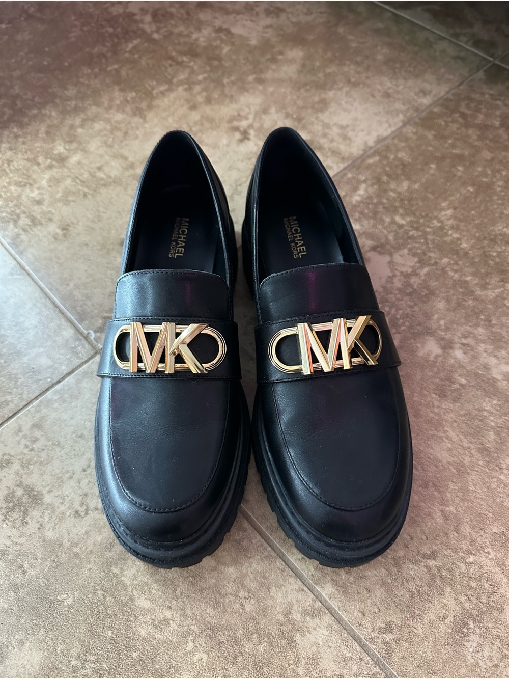 Michael Kors Black Leather MK Logo Loafers with Gold Hardware